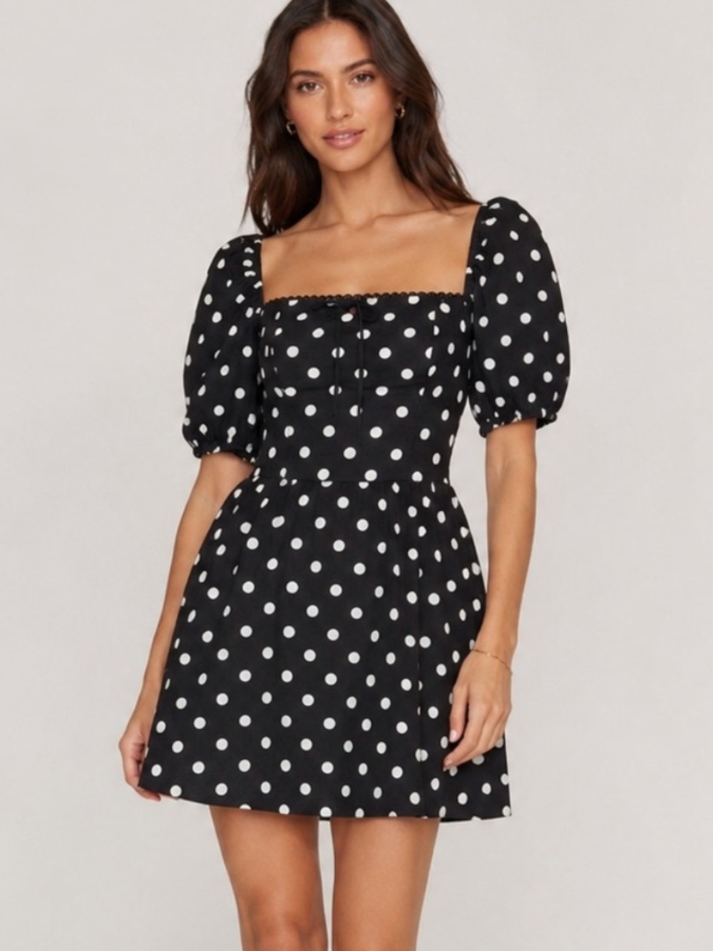 Camila Coelho Black White Polka Dot Milkmaid Puff Sleeve Mini Dress Linen Small